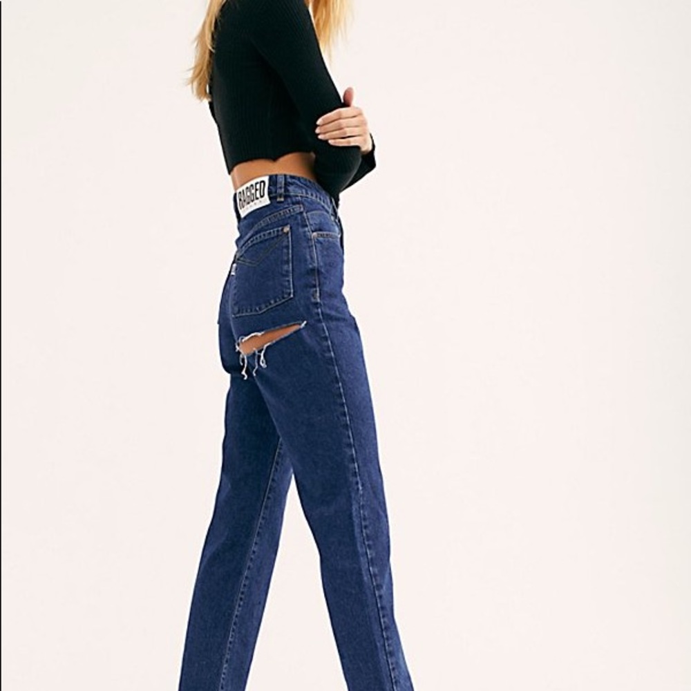 Ragged Back Slash Mom Jeans Blue